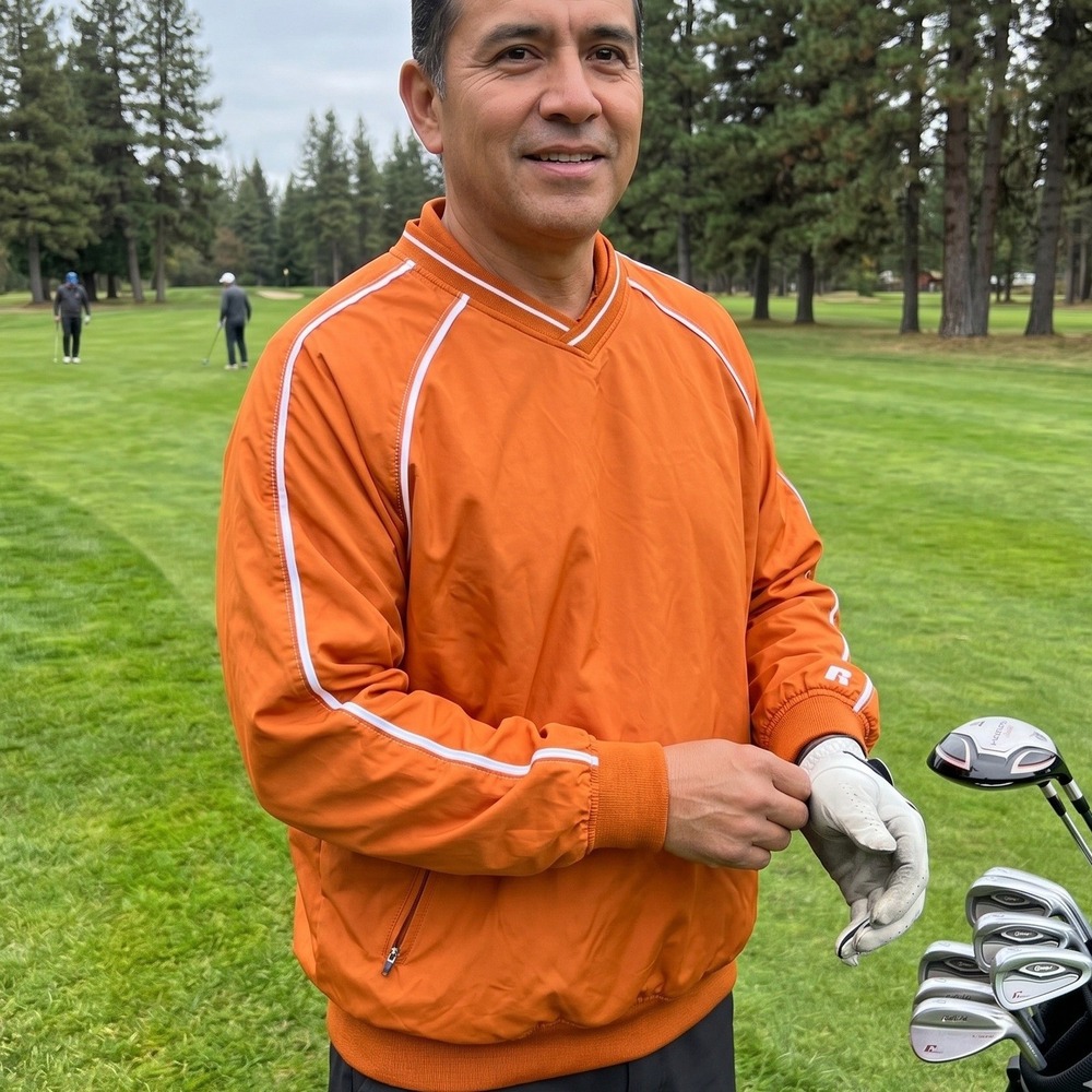 Vintage Russell Athletic V-Neck‎ Pullover Men M Orange Windbreaker Golf Gym Run